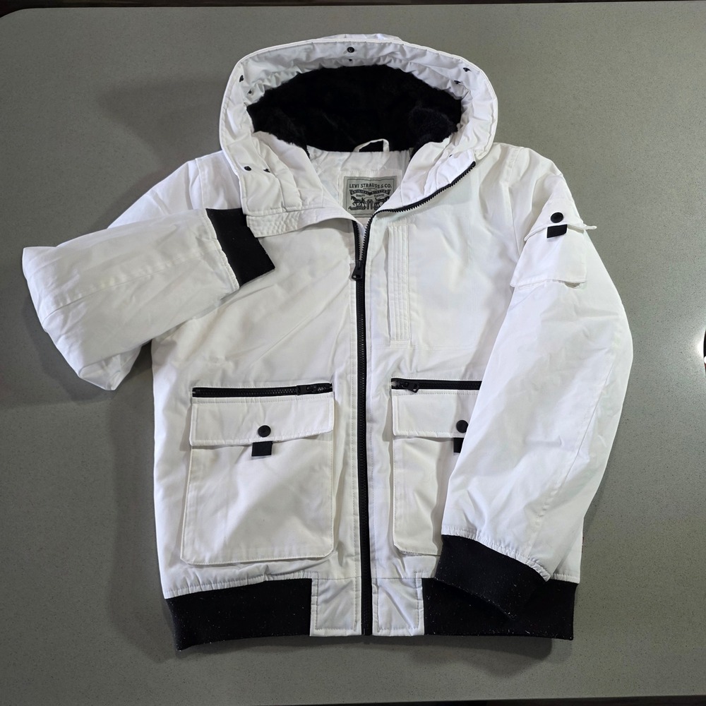Levis Mens White Hooded Bomber Jacket Faux Fur Lined Utility Parka Size M